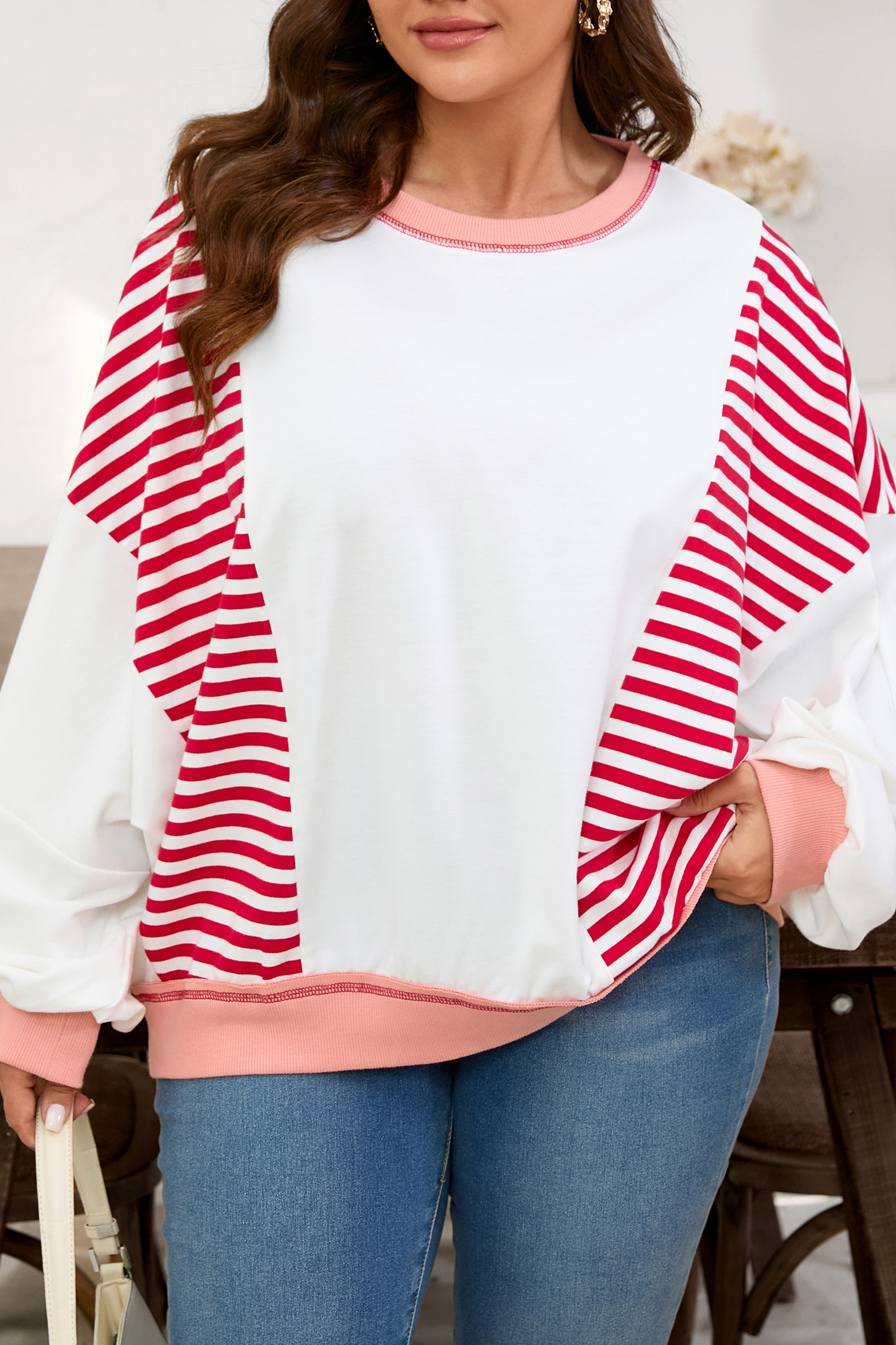 Plus Size Red Stripe Color Block Patchwork Seam Detail  Sweatshirt