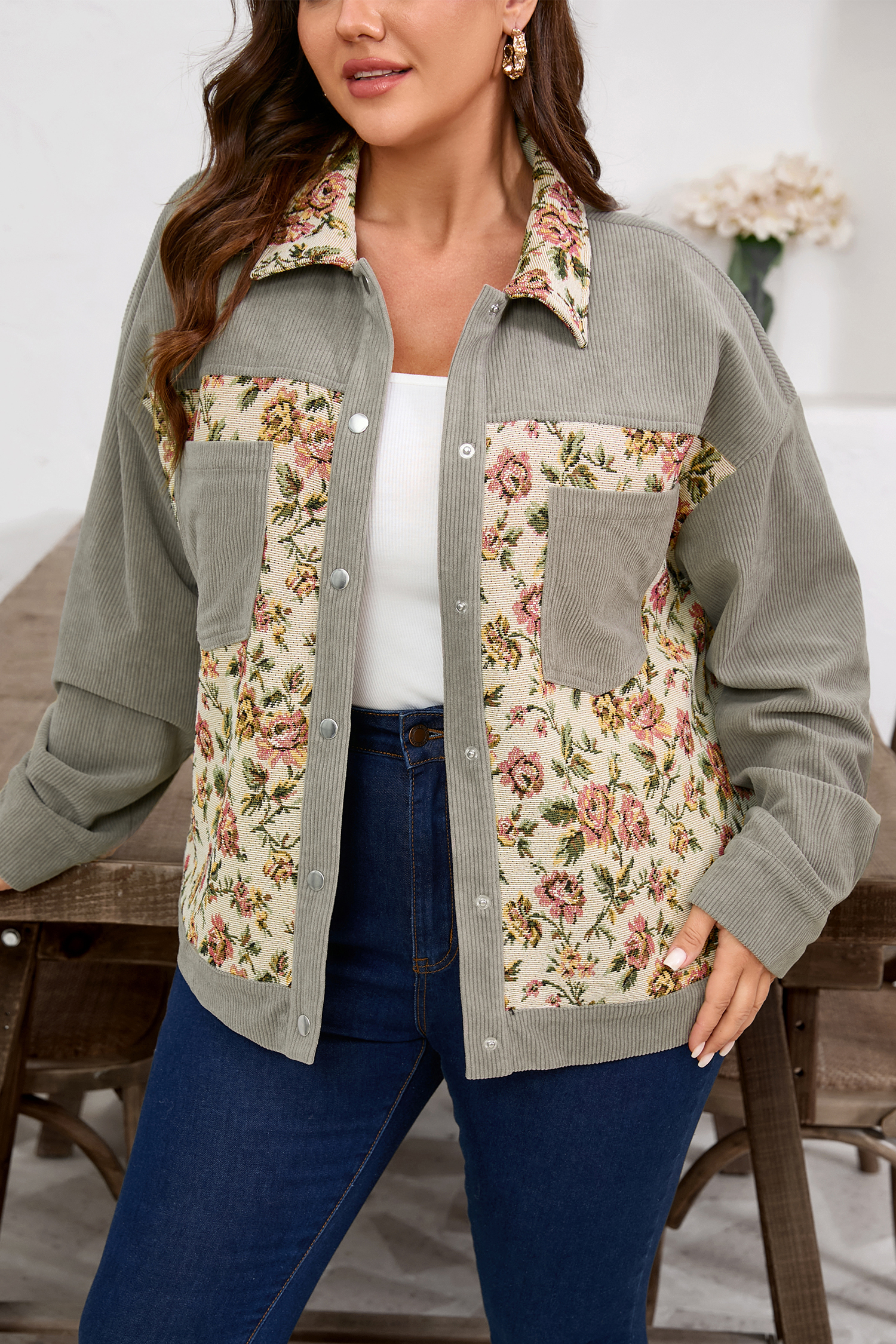 Medium Grey Corduroy Floral Patchwork Vintage Jacket