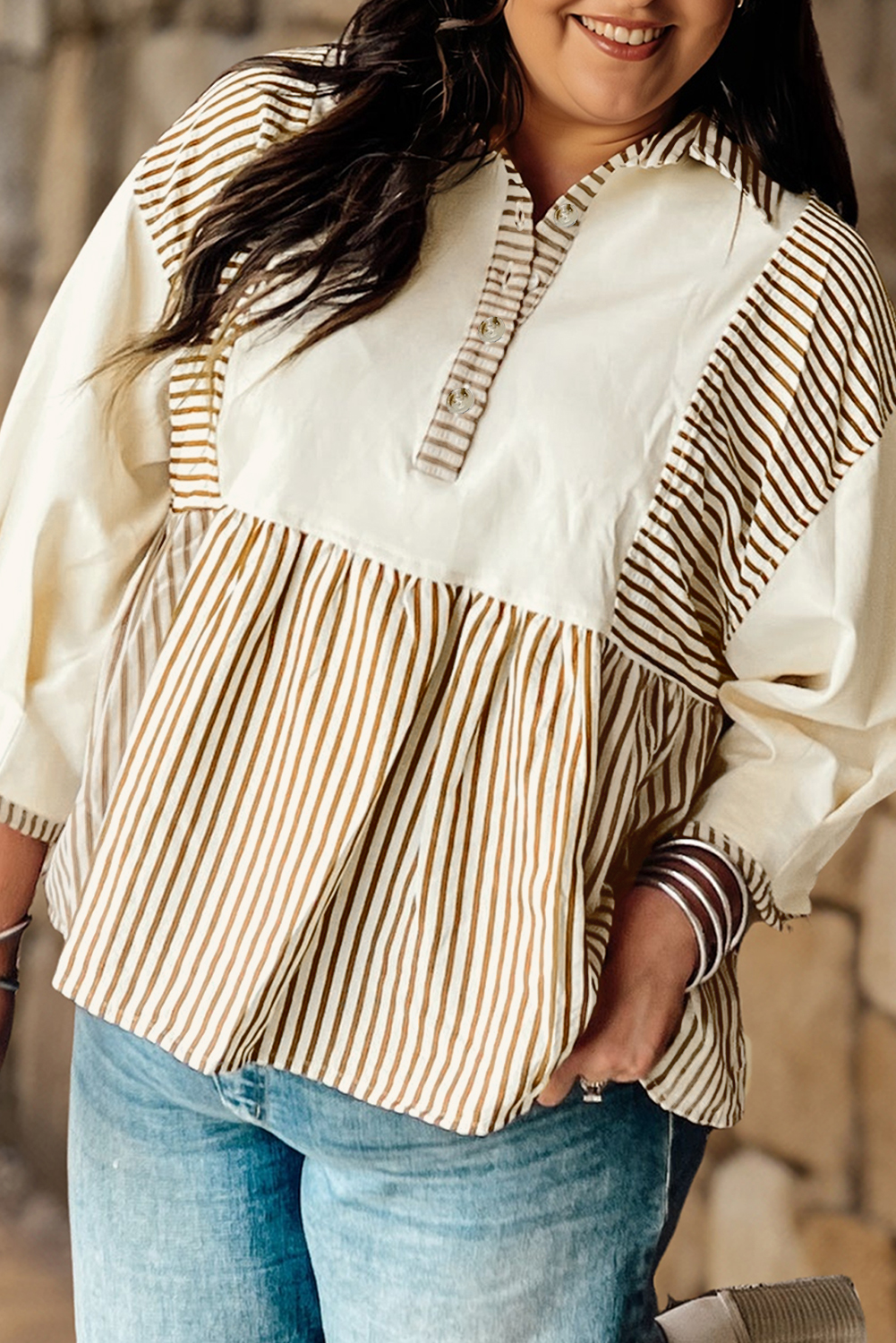 Plus Size Khaki Stripe  Color Block Patchwork Half Button Long Sleeve Peplum Blouse