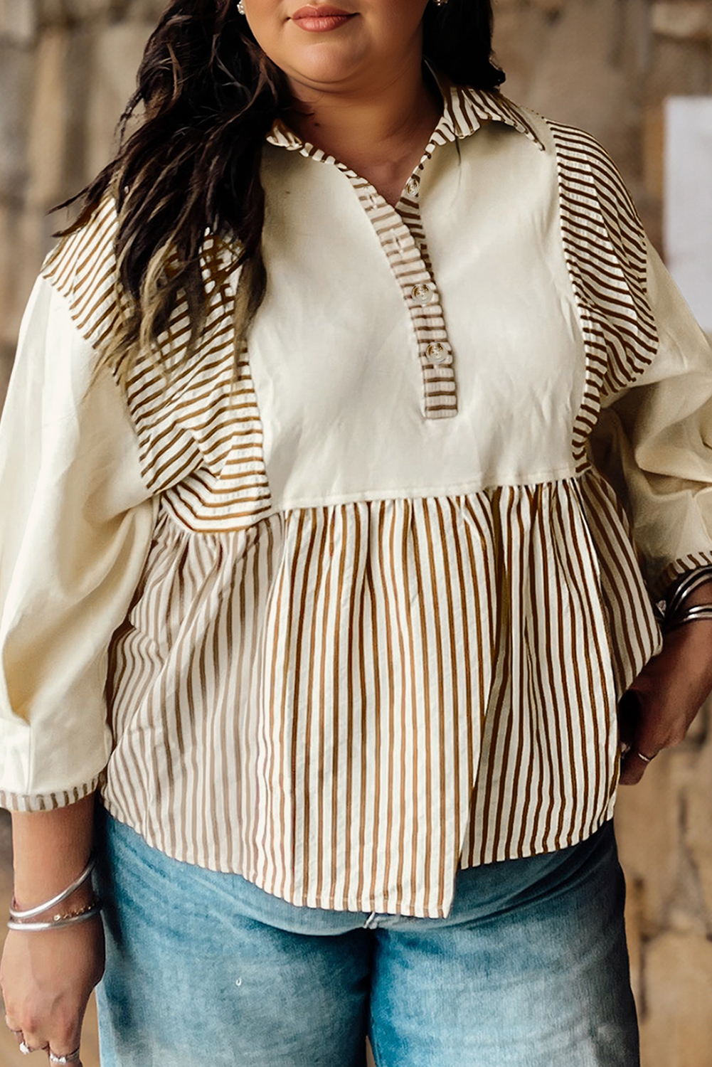 Plus Size Khaki Stripe  Color Block Patchwork Half Button Long Sleeve Peplum Blouse