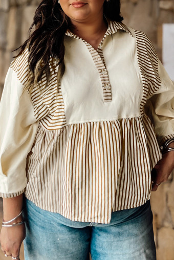 Plus Size Khaki Stripe  Color Block Patchwork Half Button Long Sleeve Peplum Blouse