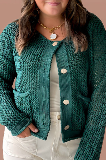Plus Size Blackish Green  Golden Accent Buttons Short Sweater Cardigan