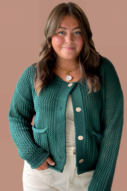 Plus Size Blackish Green  Golden Accent Buttons Short Sweater Cardigan