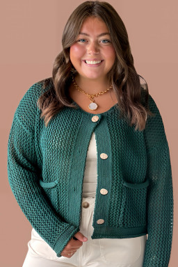 Plus Size Blackish Green  Golden Accent Buttons Short Sweater Cardigan