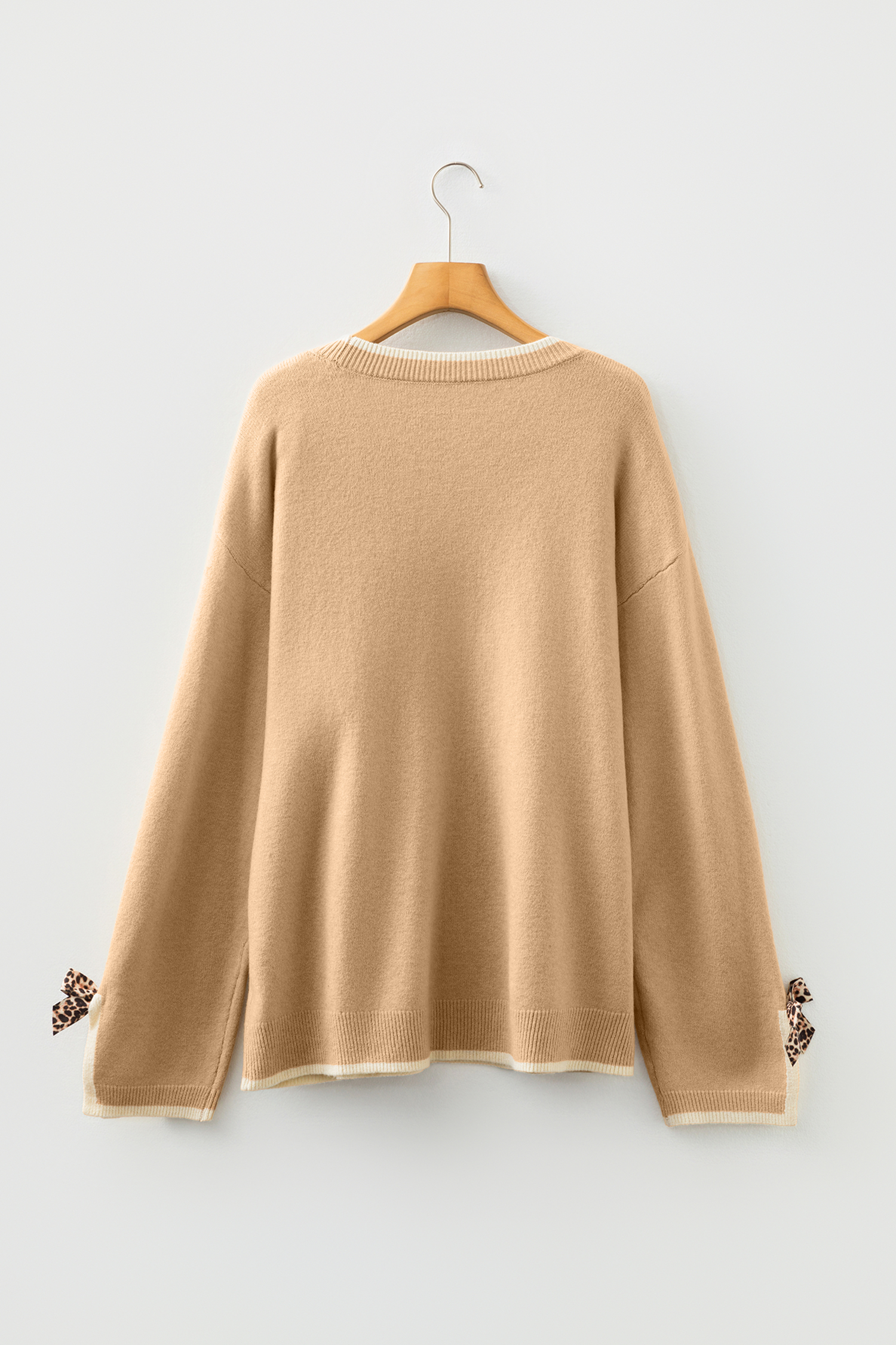 Plus Size Tan  Leopard Bow Decor Split Cuffs Loose Sweater