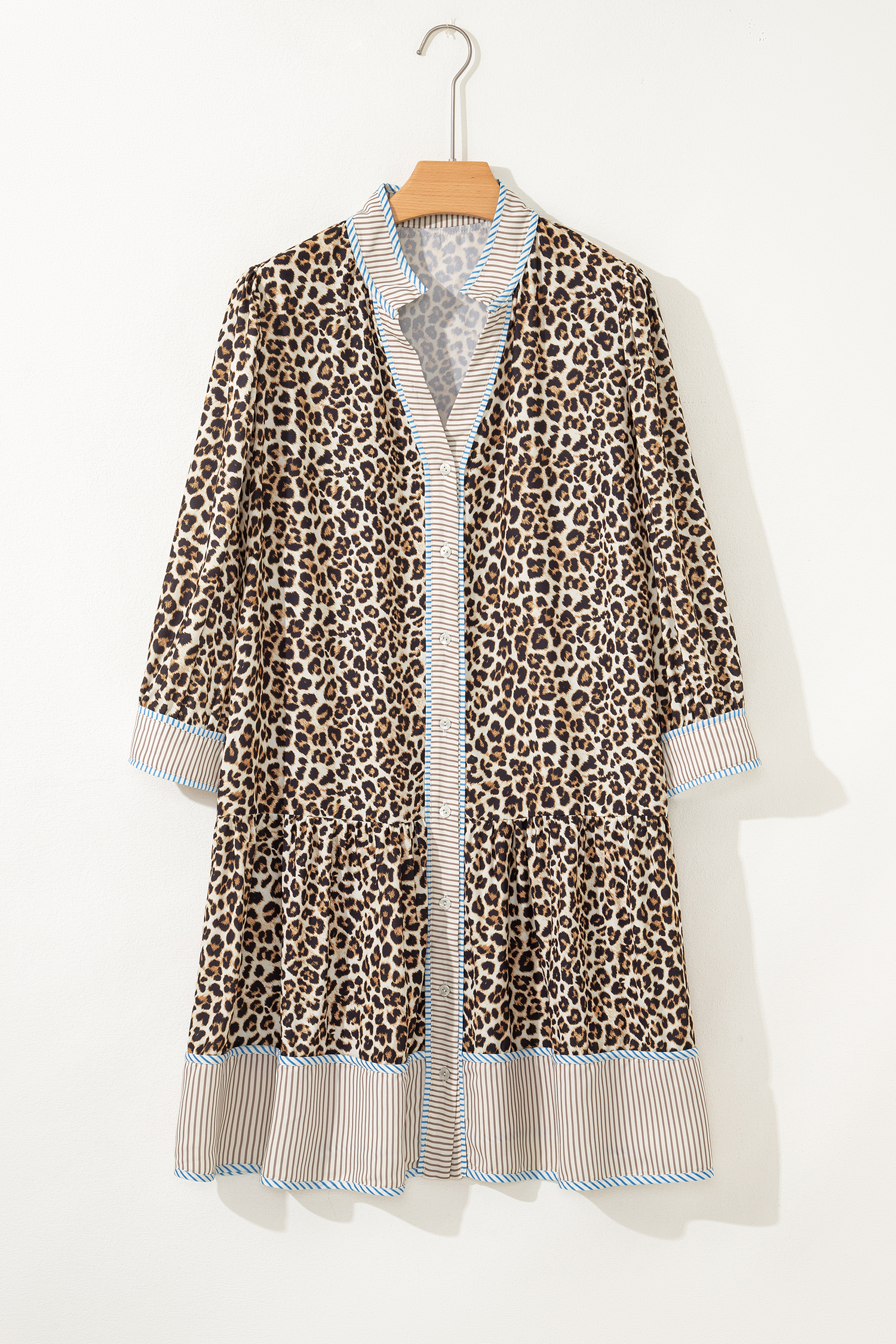 Plus Size Khaki  Leopard Print Striped Trim V Neck Drop Waist Long Sleeve Mini Dress