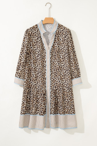 Plus Size Khaki  Leopard Print Striped Trim V Neck Drop Waist Long Sleeve Mini Dress