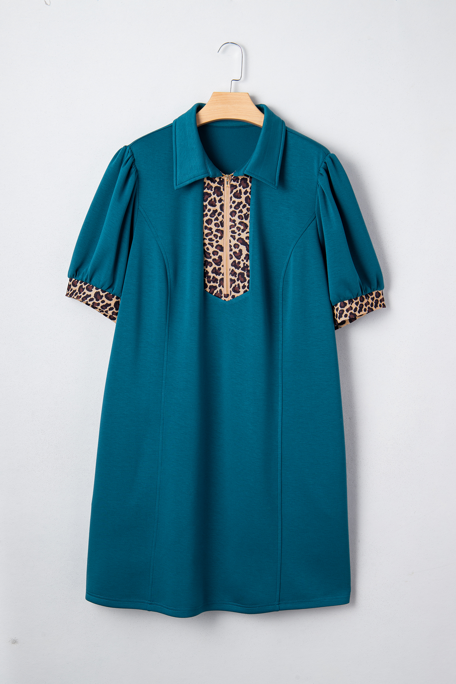 Plus Size Sea Green Leopard Patchwork Detail Quarter Zip Collared  Mini Dress