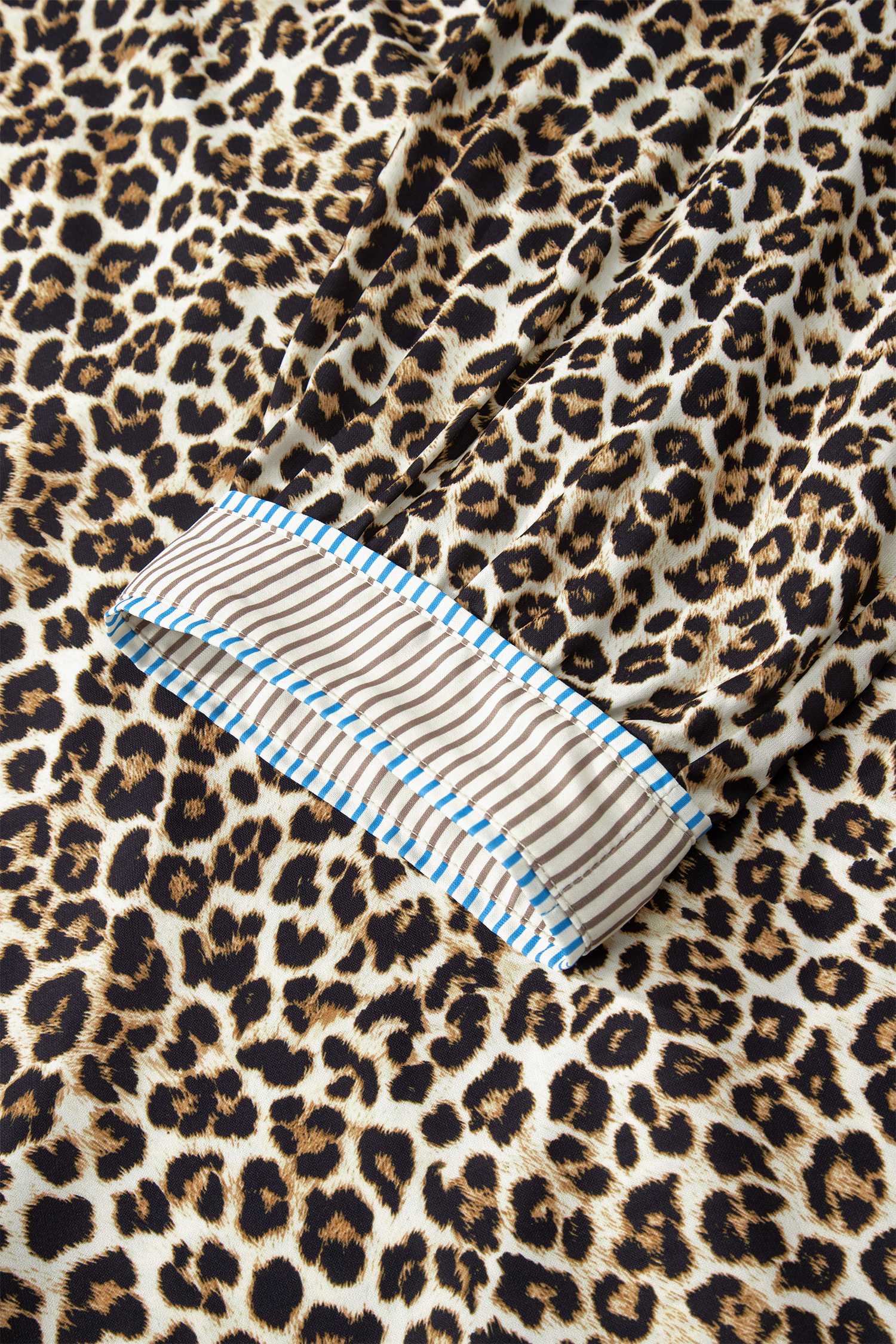 Plus Size Khaki  Leopard Print Striped Trim V Neck Drop Waist Long Sleeve Mini Dress