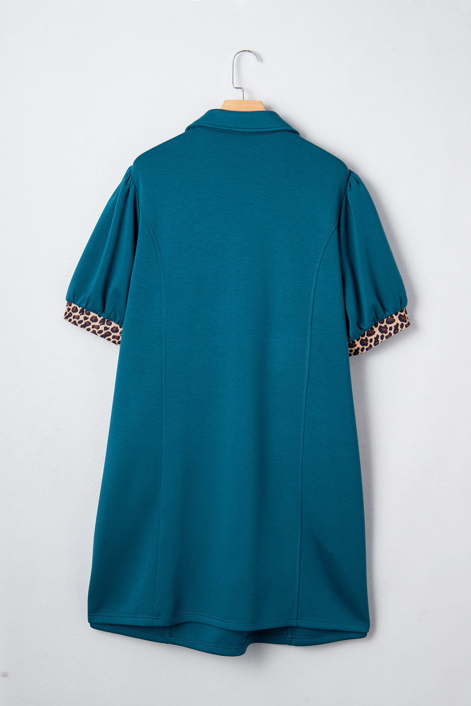 Plus Size Sea Green Leopard Patchwork Detail Quarter Zip Collared  Mini Dress