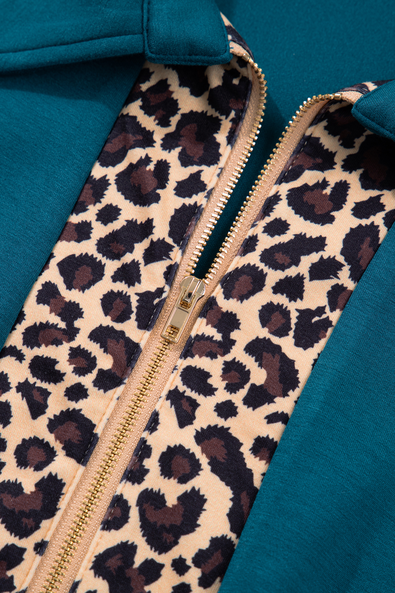 Plus Size Sea Green Leopard Patchwork Detail Quarter Zip Collared  Mini Dress