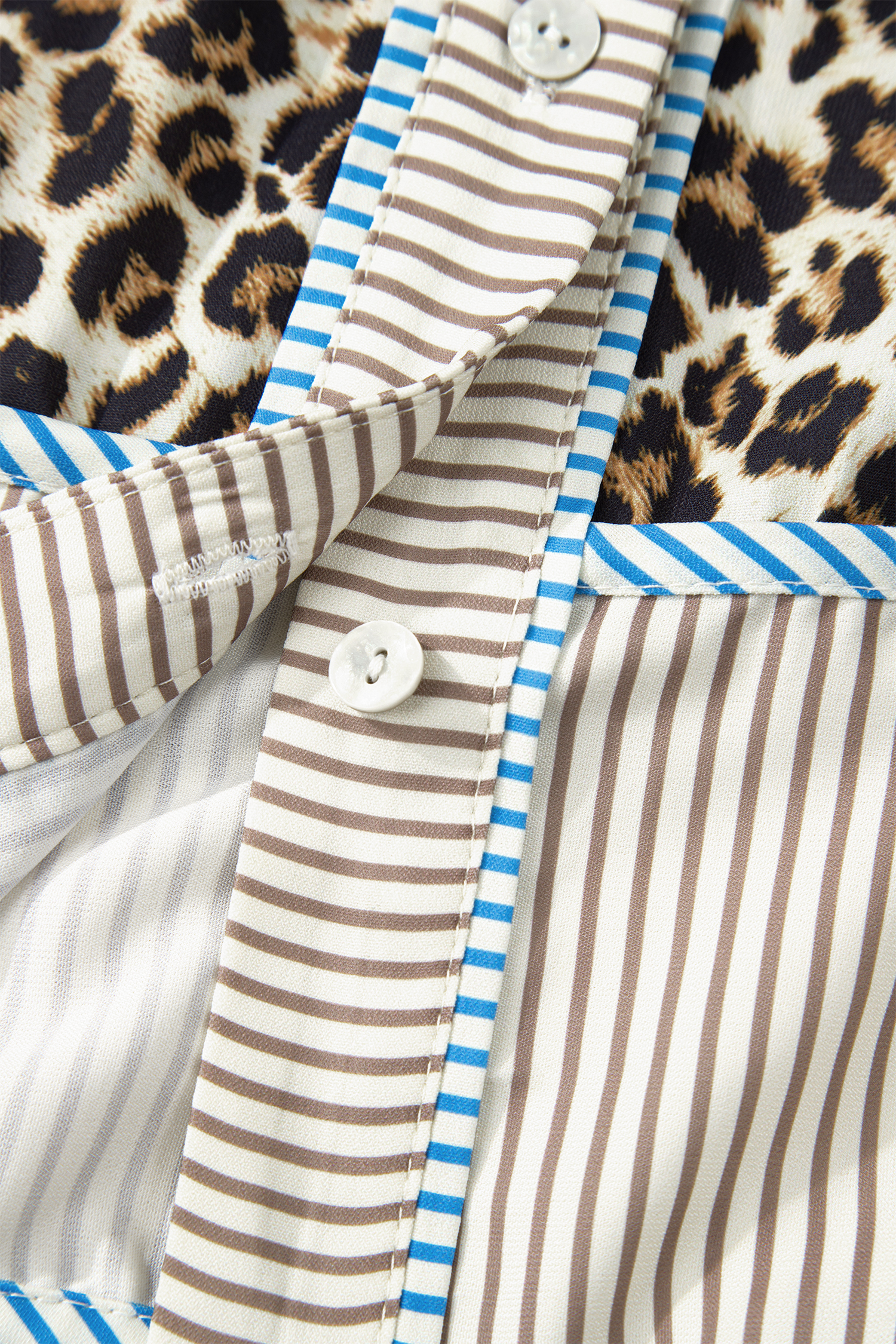 Plus Size Khaki  Leopard Print Striped Trim V Neck Drop Waist Long Sleeve Mini Dress