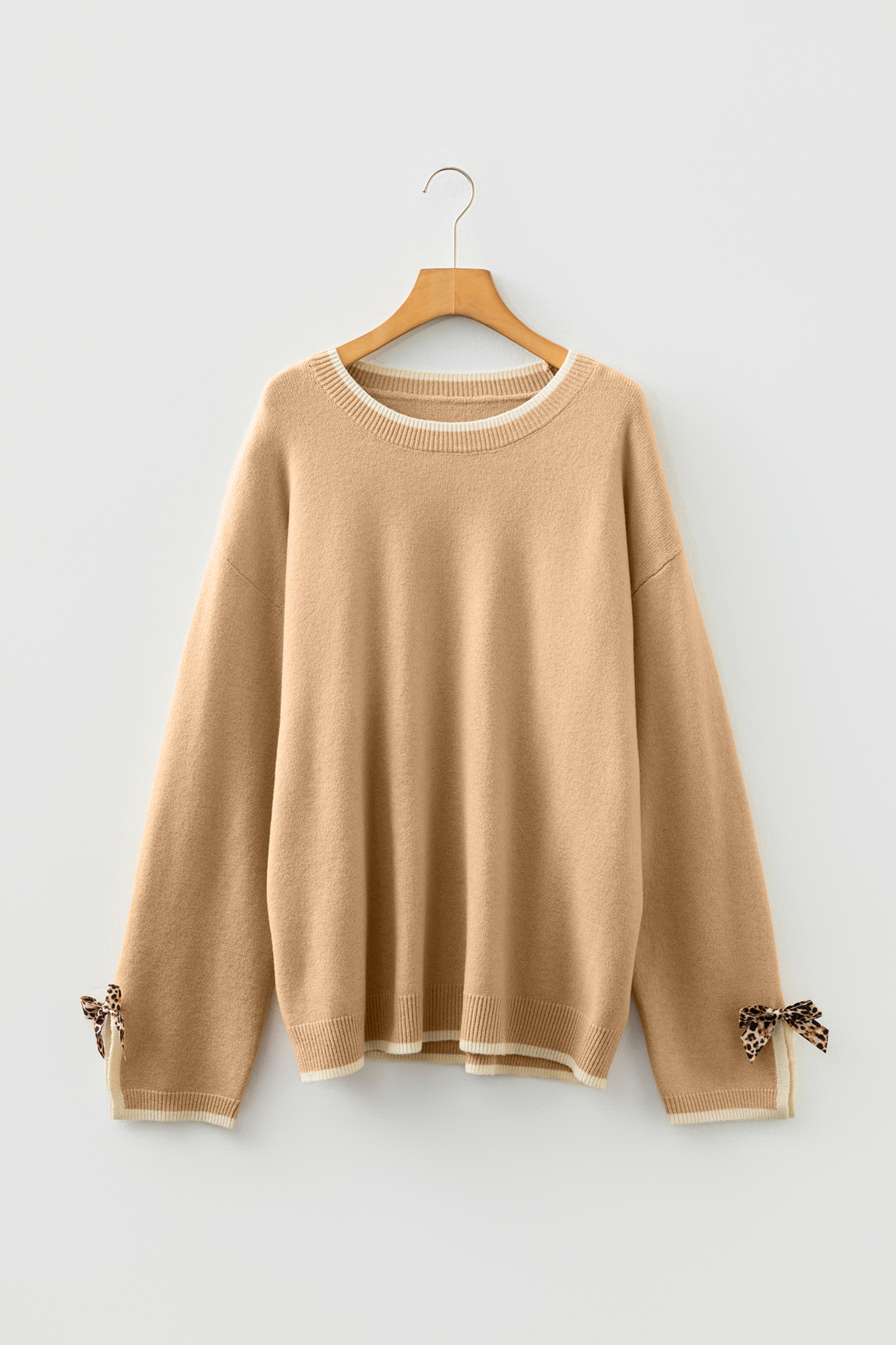 Plus Size Tan  Leopard Bow Decor Split Cuffs Loose Sweater