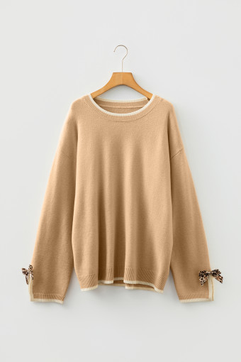 Plus Size Tan  Leopard Bow Decor Split Cuffs Loose Sweater