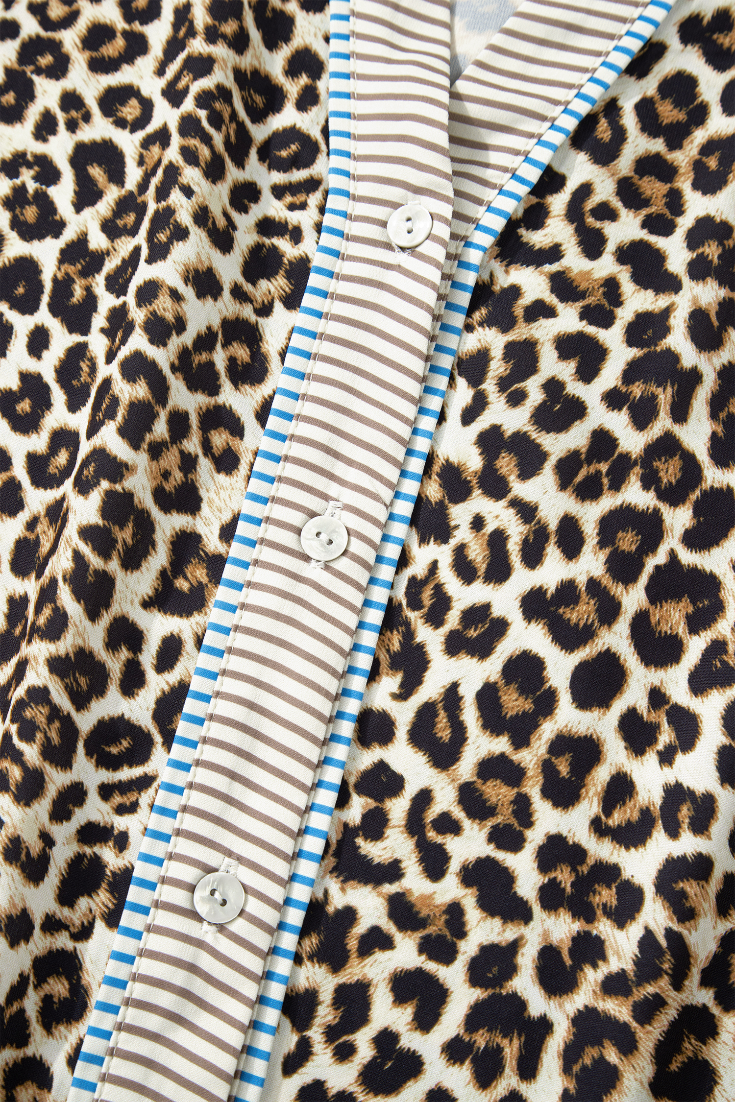 Plus Size Khaki  Leopard Print Striped Trim V Neck Drop Waist Long Sleeve Mini Dress