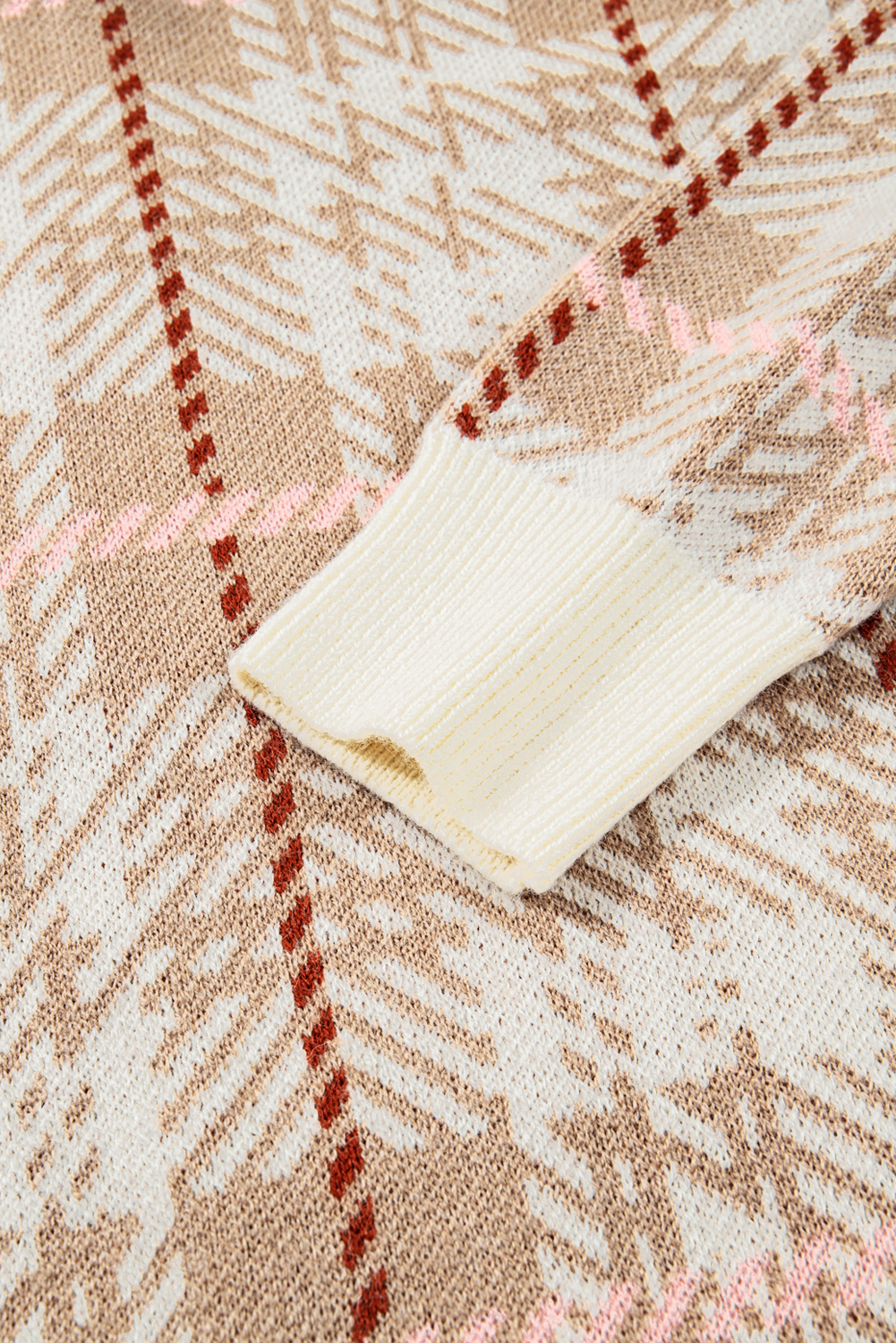 Plus Size Khaki Vintage Pattern Ribbed Trim Button Front  Cardigan Sweater