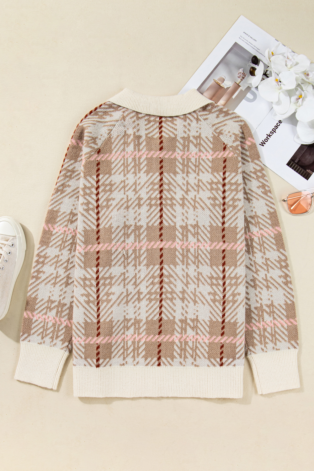 Plus Size Khaki Vintage Pattern Ribbed Trim Button Front  Cardigan Sweater