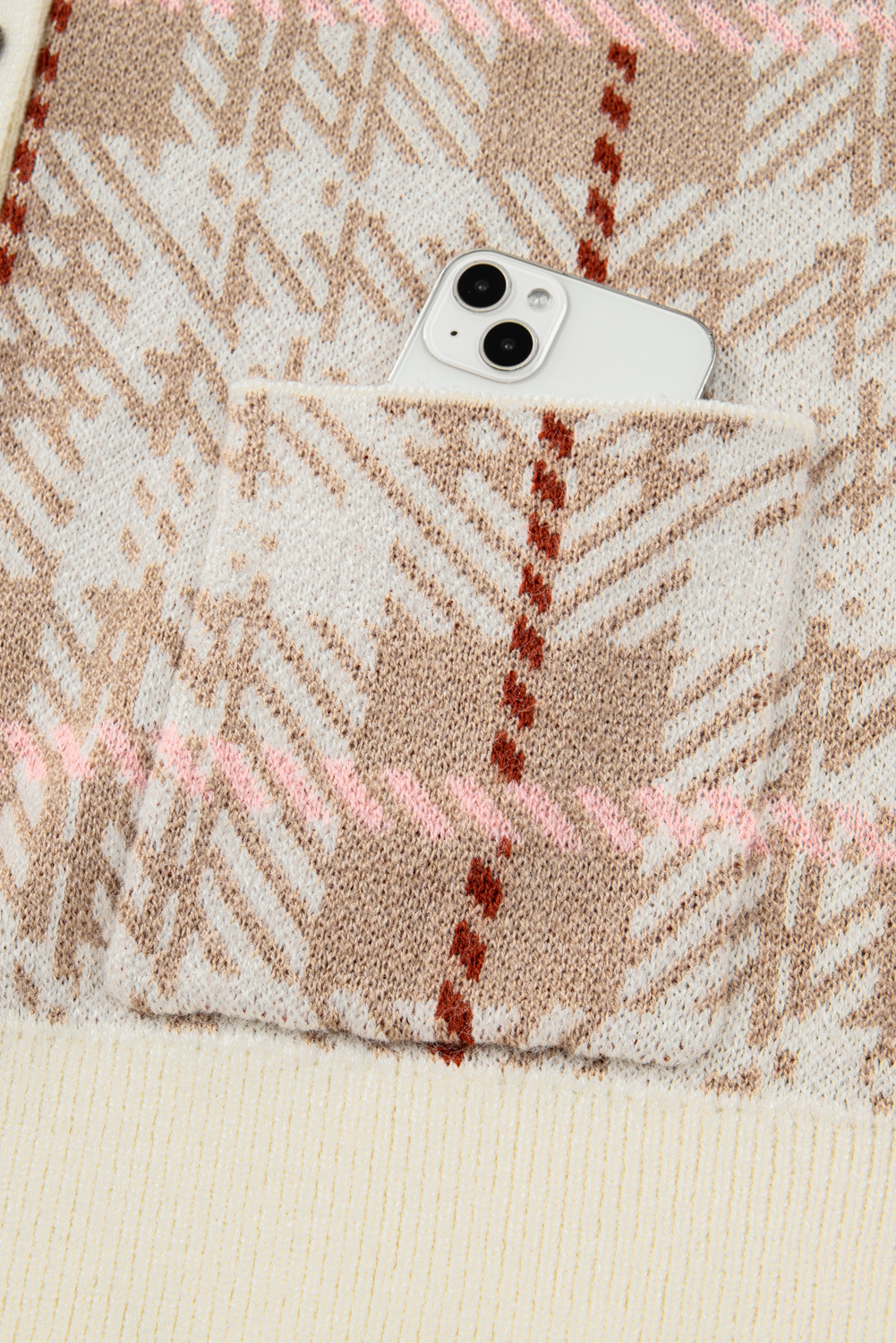 Plus Size Khaki Vintage Pattern Ribbed Trim Button Front  Cardigan Sweater