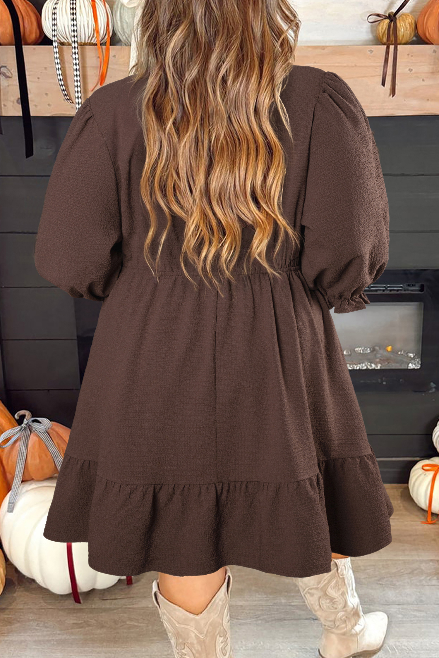 Plus Size Coffee  Frilled Trim V Neck Puff Sleeve Textured Mini Dress