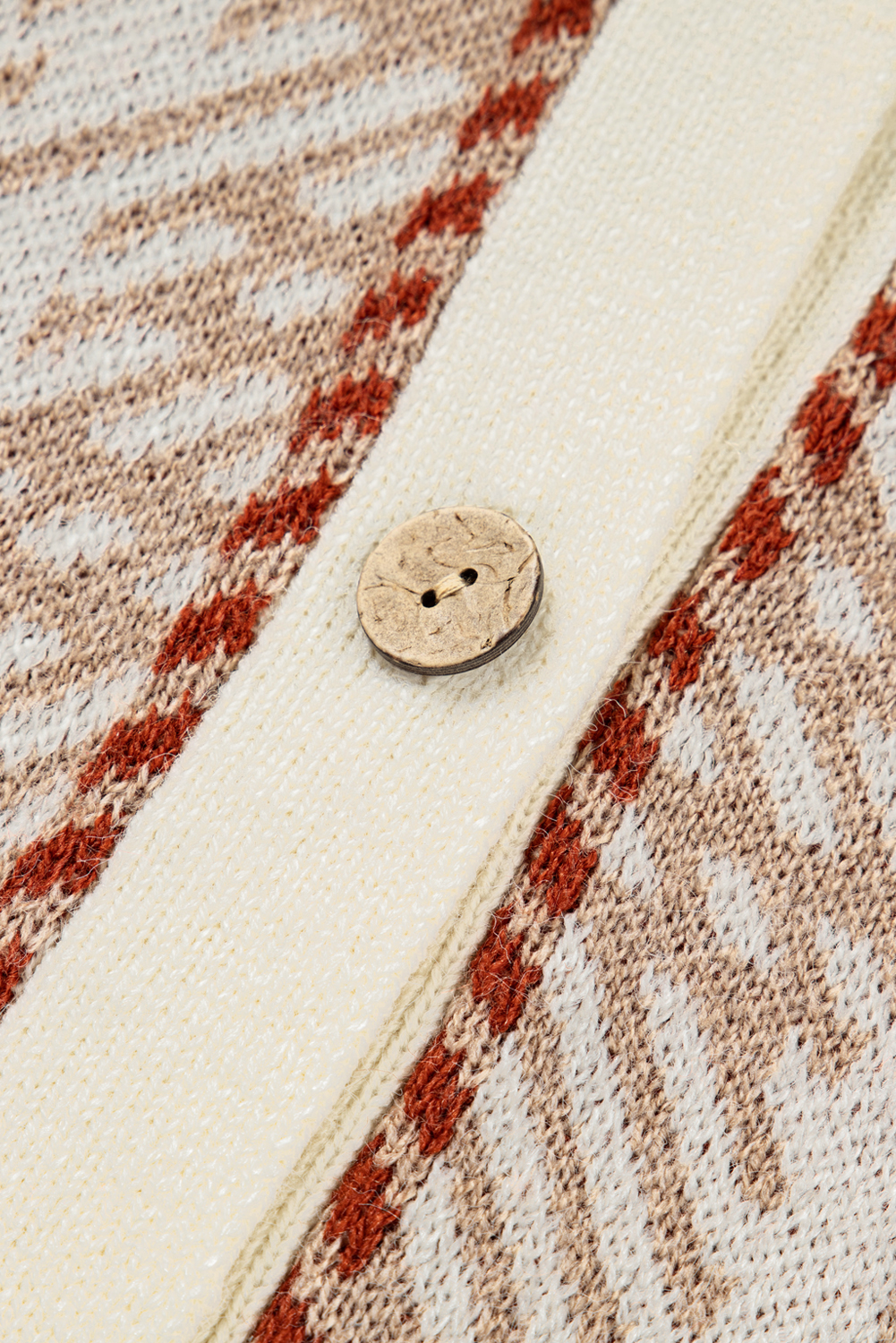 Plus Size Khaki Vintage Pattern Ribbed Trim Button Front  Cardigan Sweater