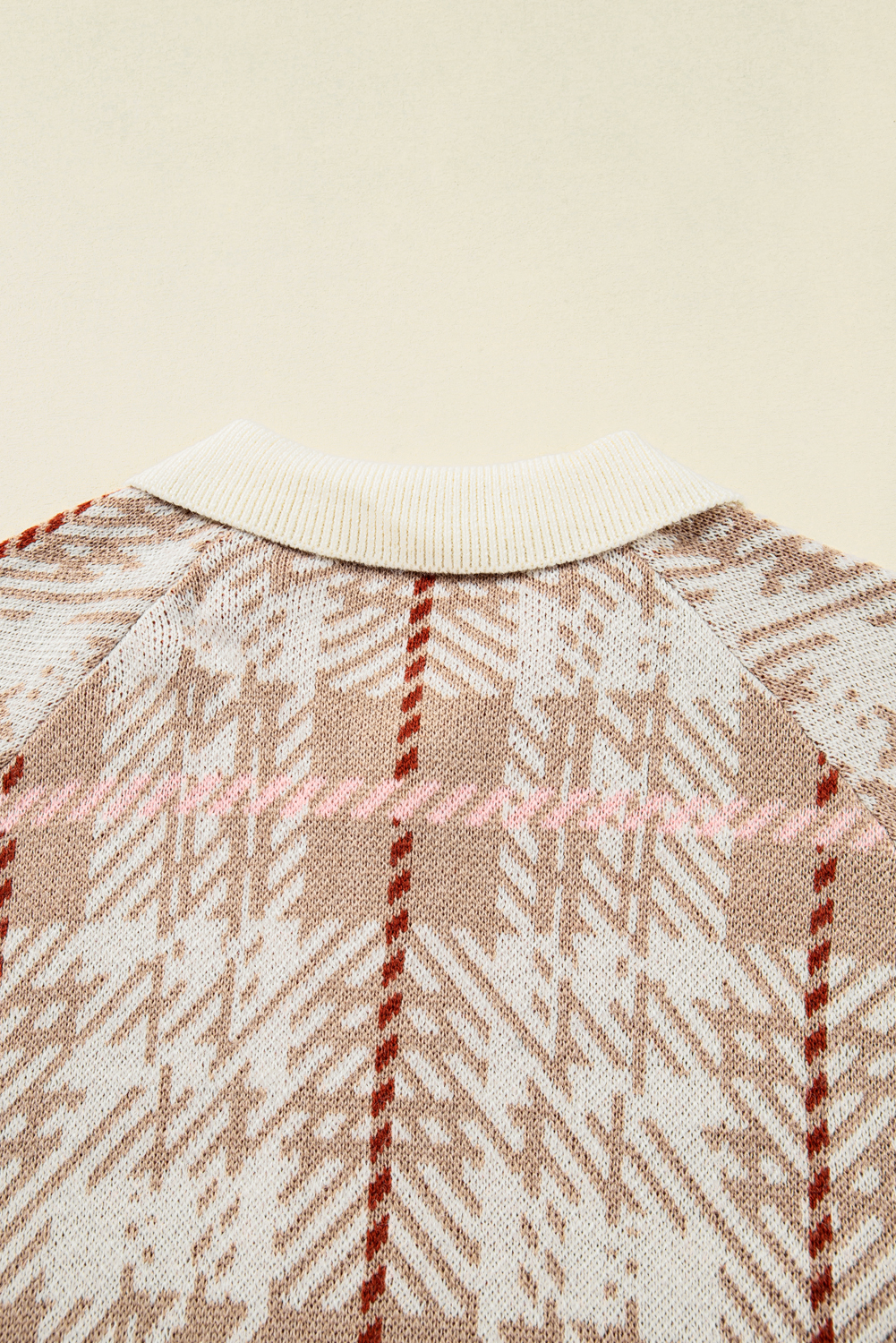 Plus Size Khaki Vintage Pattern Ribbed Trim Button Front  Cardigan Sweater