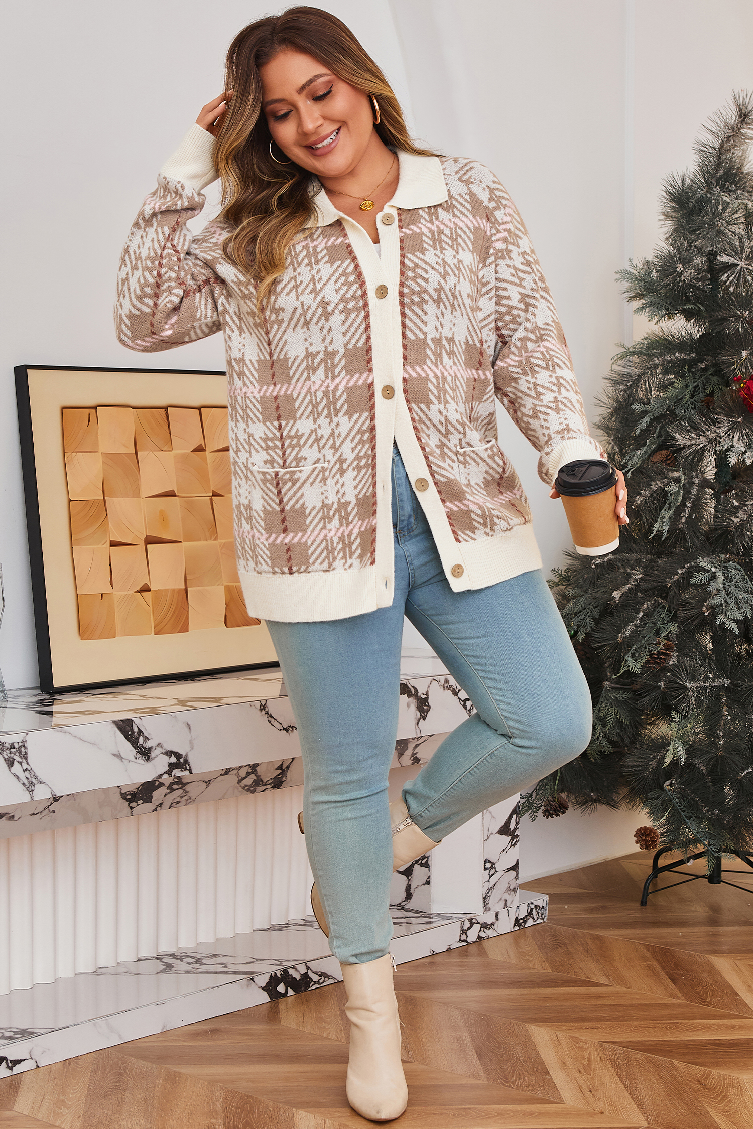 Plus Size Khaki Vintage Pattern Ribbed Trim Button Front  Cardigan Sweater