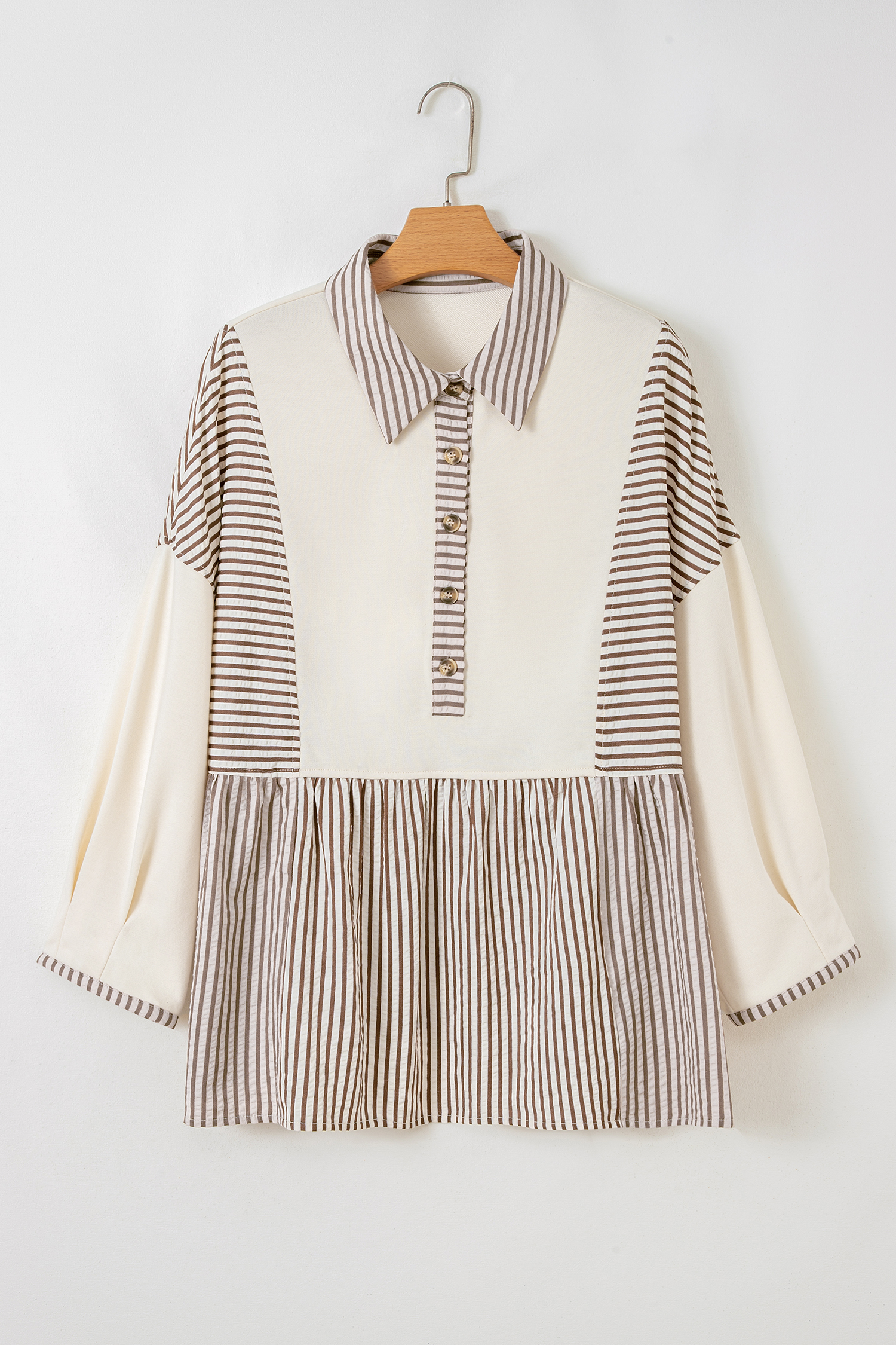 Plus Size Khaki Stripe  Color Block Patchwork Half Button Long Sleeve Peplum Blouse