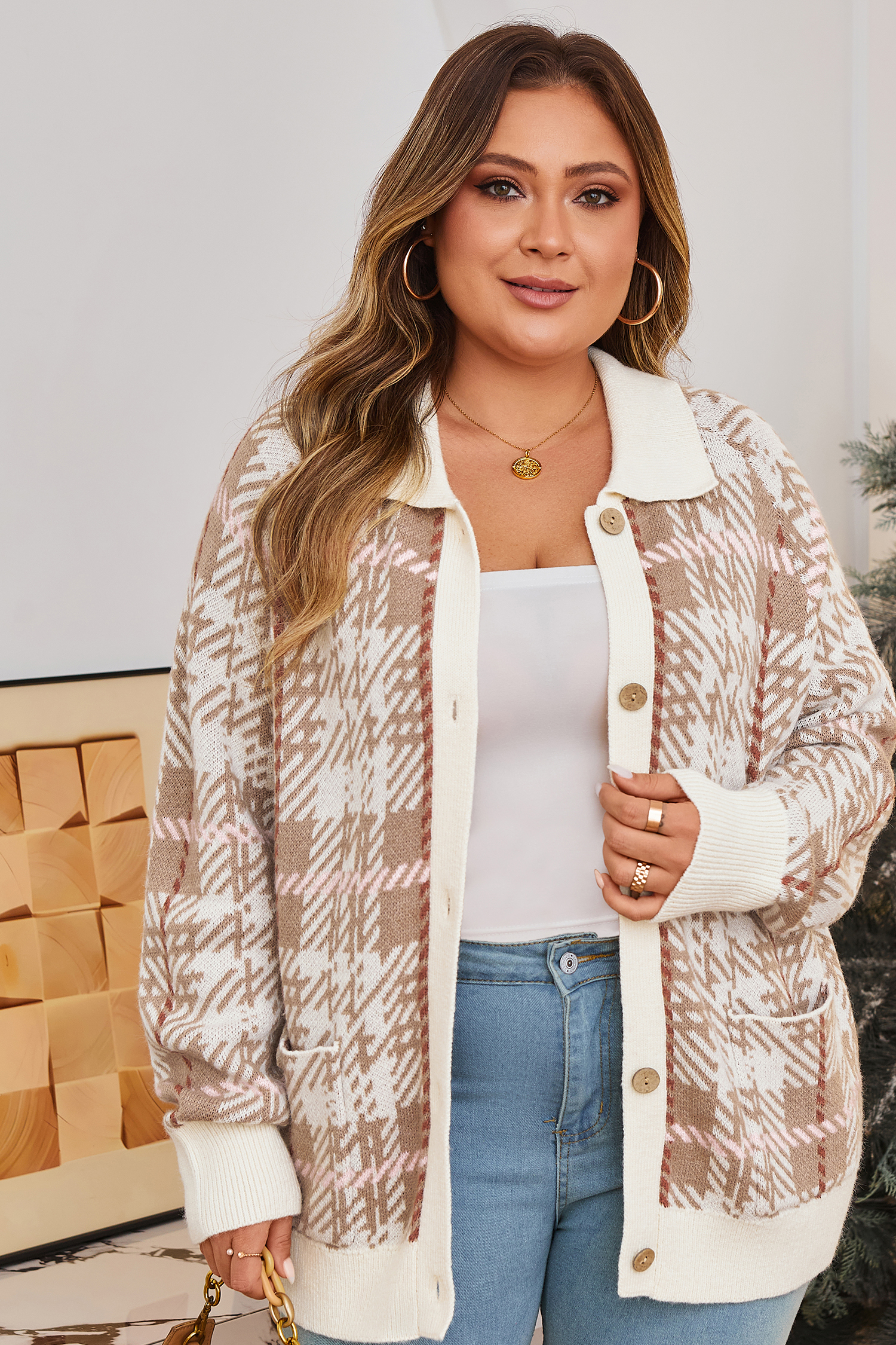 Plus Size Khaki Vintage Pattern Ribbed Trim Button Front  Cardigan Sweater