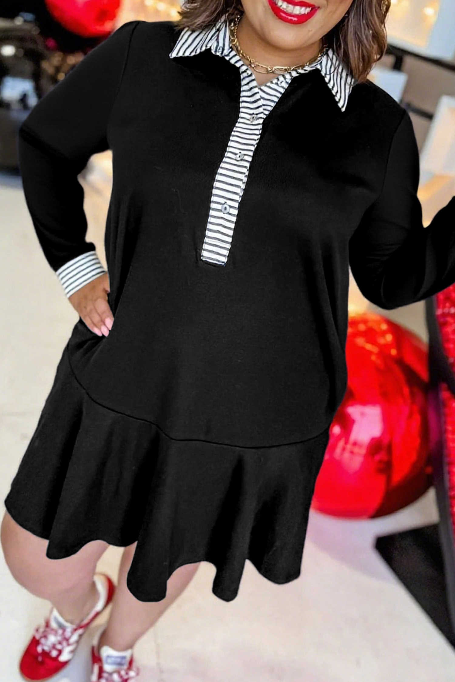 Plus Size Black  Striped Cuffs Polo Collar Patchwork Long Sleeve Ruffle Hem Dress