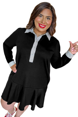 Plus Size Black  Striped Cuffs Polo Collar Patchwork Long Sleeve Ruffle Hem Dress