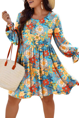 Plus Size Blue  Floral Ruffled Long Sleeve Flowy Mini Dress