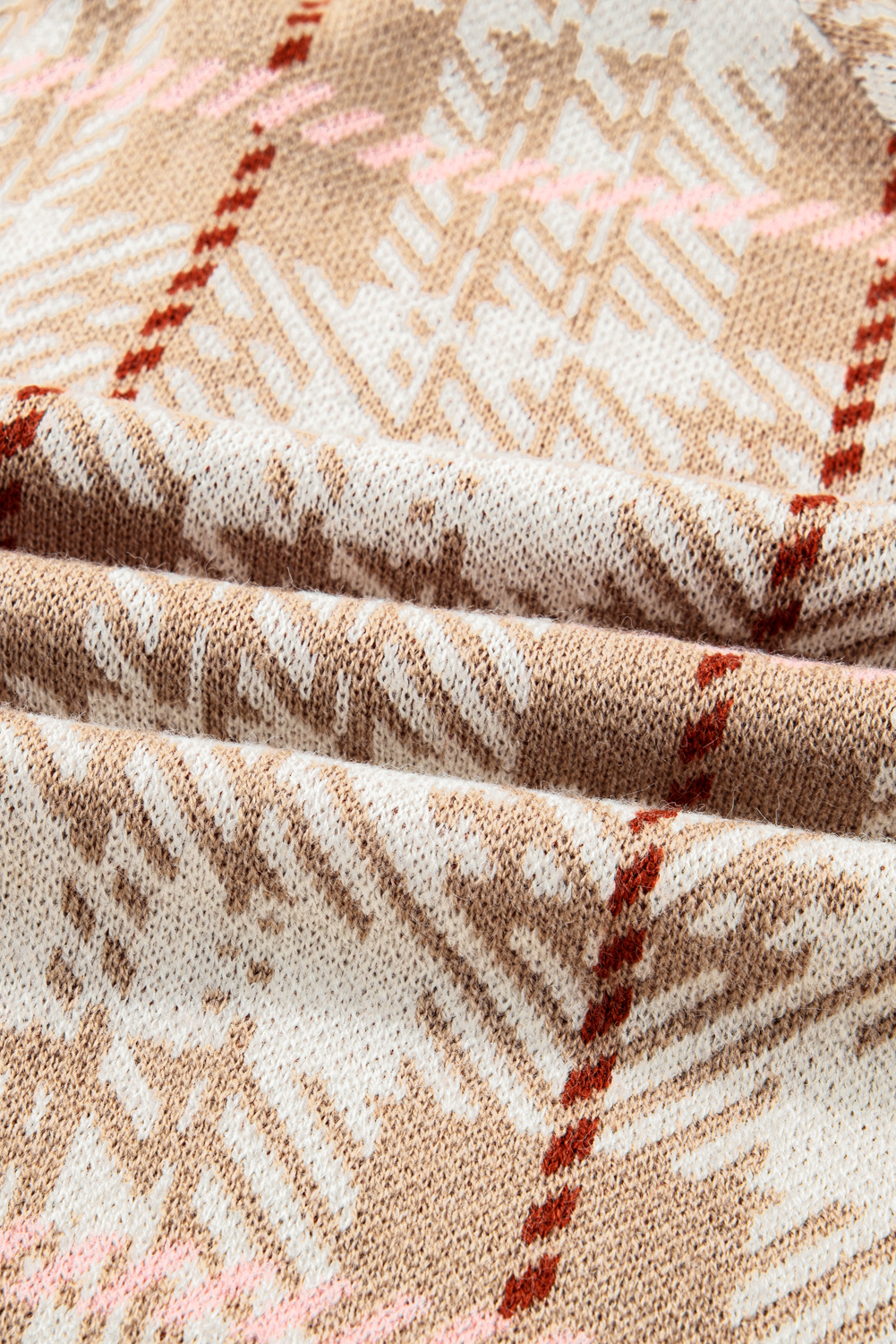 Plus Size Khaki Vintage Pattern Ribbed Trim Button Front  Cardigan Sweater