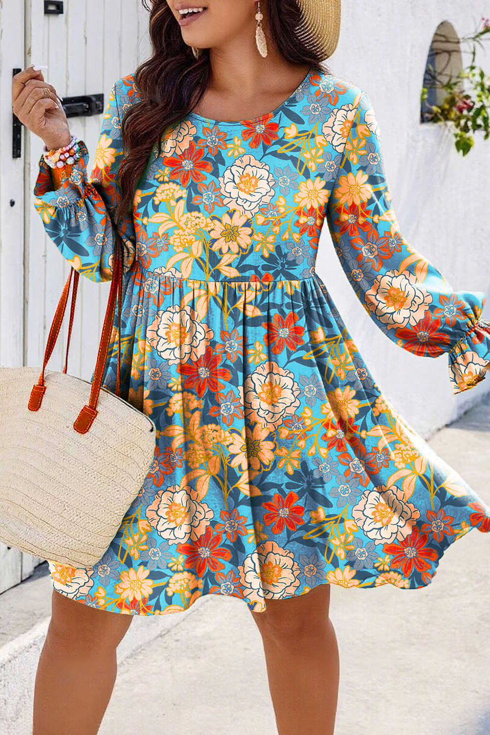 Plus Size Blue  Floral Ruffled Long Sleeve Flowy Mini Dress