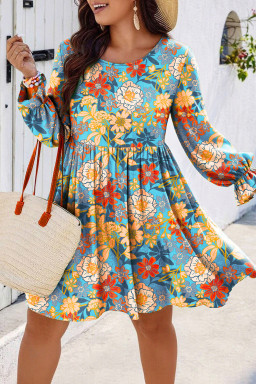 Plus Size Blue  Floral Ruffled Long Sleeve Flowy Mini Dress