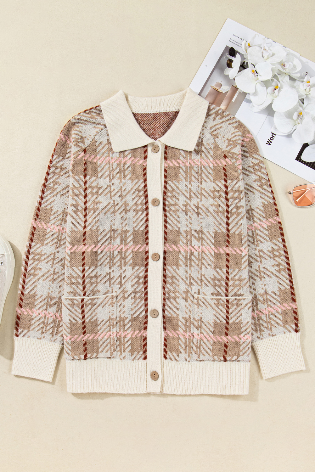 Plus Size Khaki Vintage Pattern Ribbed Trim Button Front  Cardigan Sweater