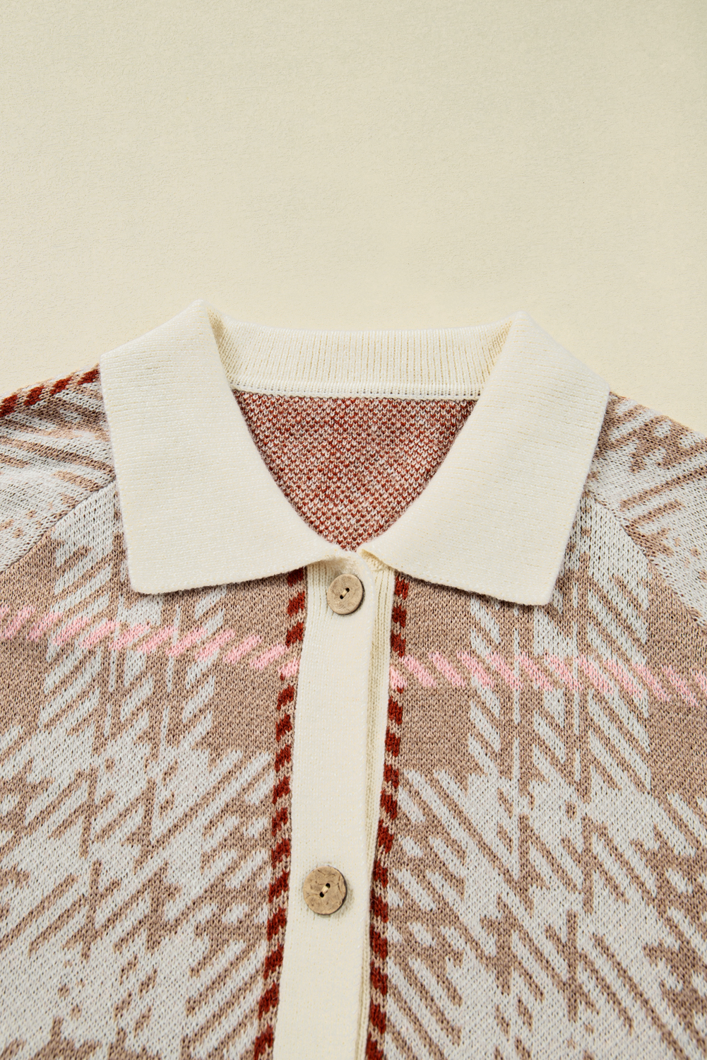 Plus Size Khaki Vintage Pattern Ribbed Trim Button Front  Cardigan Sweater