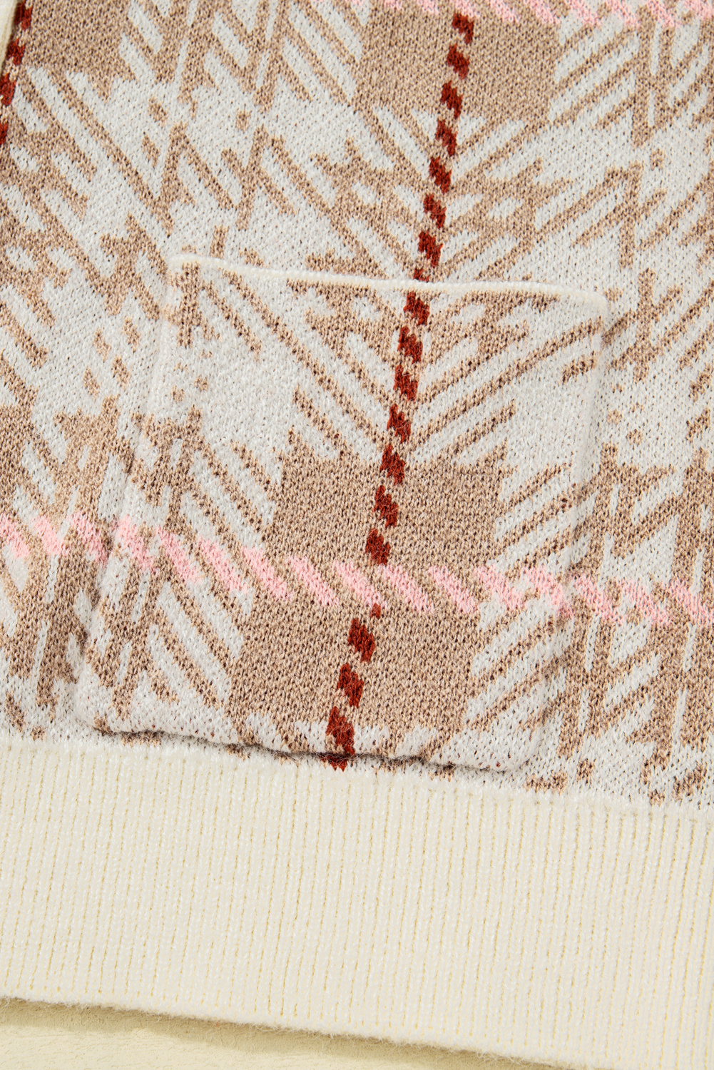 Plus Size Khaki Vintage Pattern Ribbed Trim Button Front  Cardigan Sweater