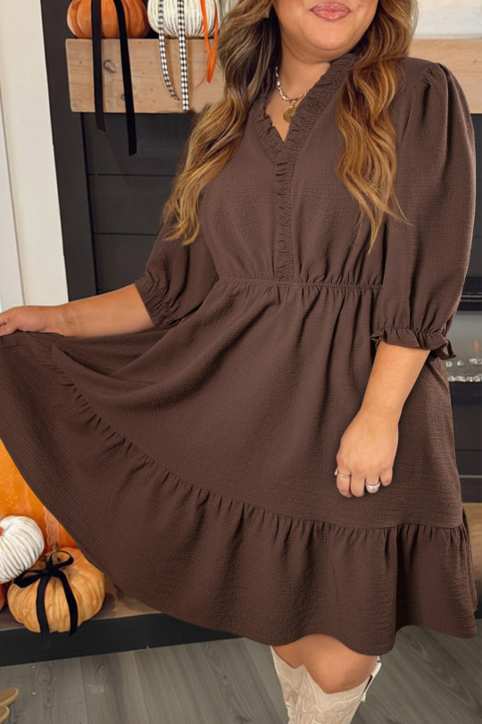Plus Size Coffee  Frilled Trim V Neck Puff Sleeve Textured Mini Dress