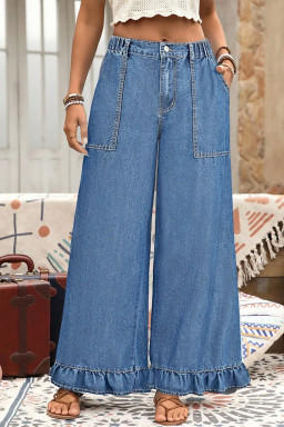 Plus Size Ashleigh Blue  Elastic Waist Ruffled Wide Leg Denim Pants