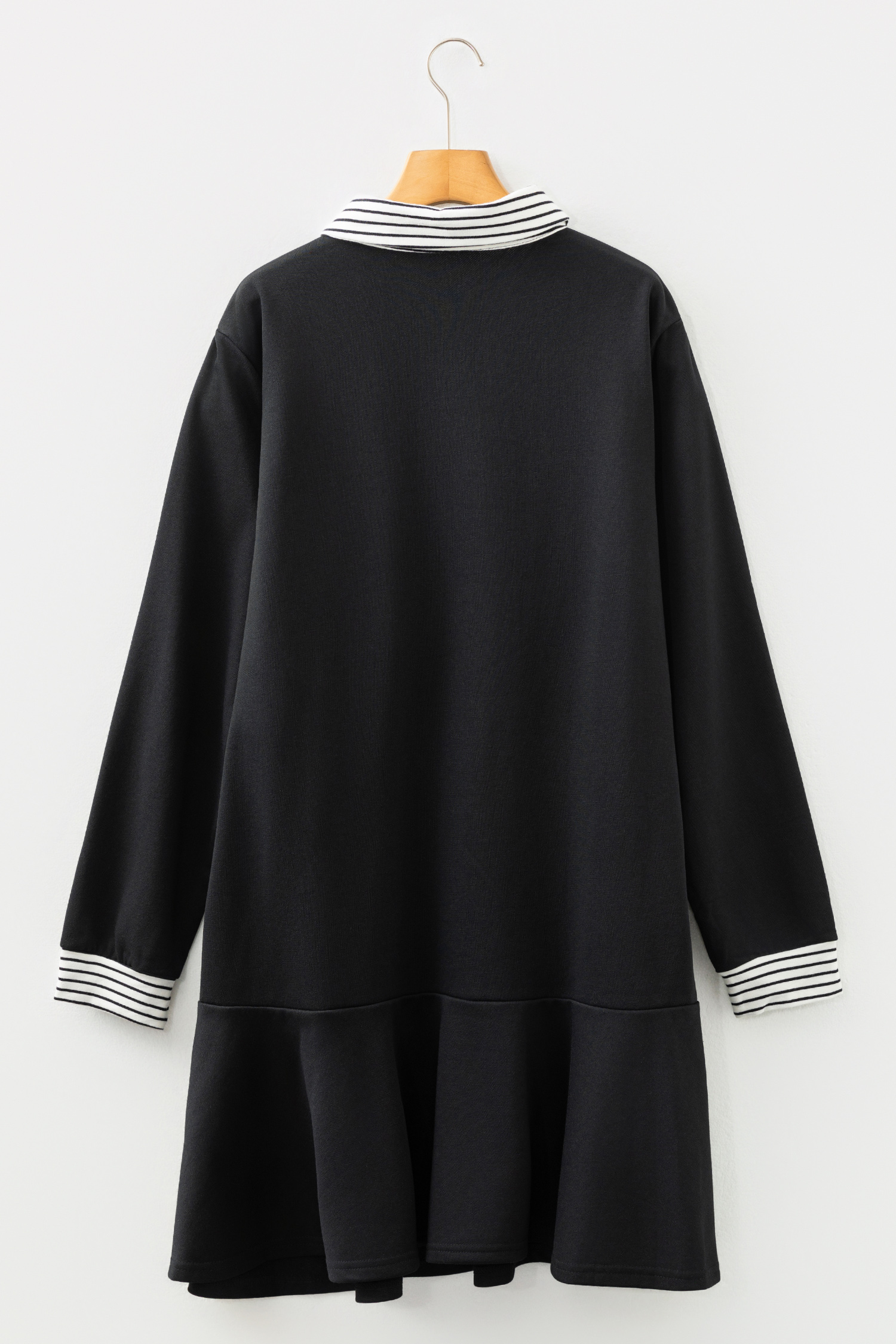 Plus Size Black  Striped Cuffs Polo Collar Patchwork Long Sleeve Ruffle Hem Dress