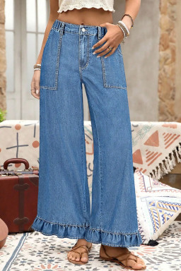 Plus Size Ashleigh Blue  Elastic Waist Ruffled Wide Leg Denim Pants