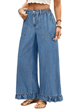Plus Size Ashleigh Blue  Elastic Waist Ruffled Wide Leg Denim Pants
