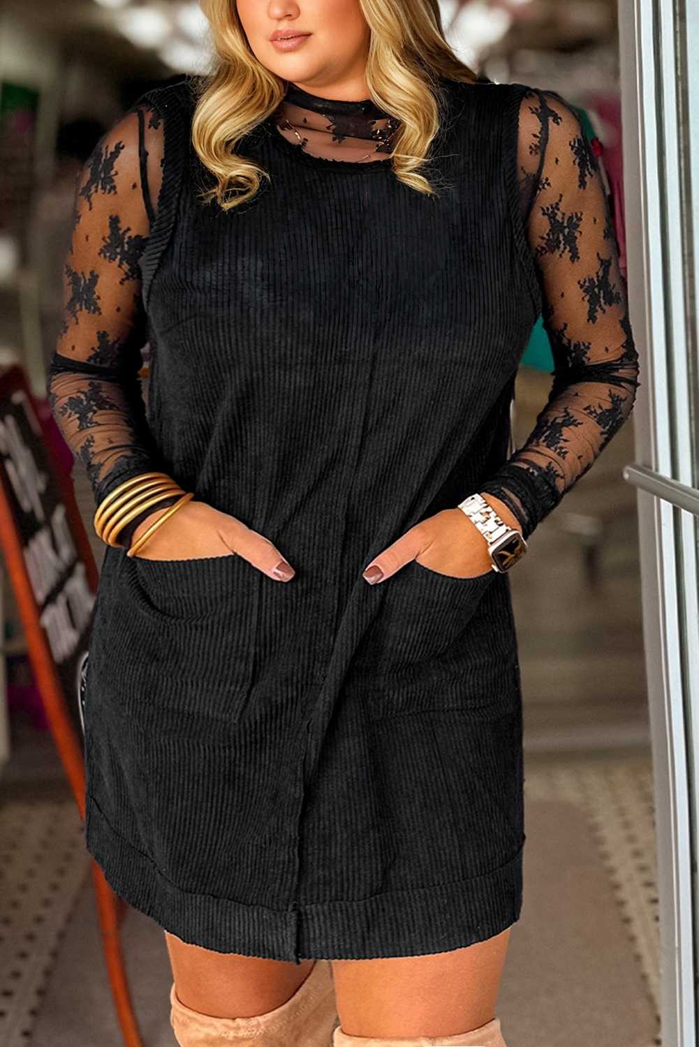 Plus Size Black  Corduroy Patch Pocket Sleeveless Mini Dress