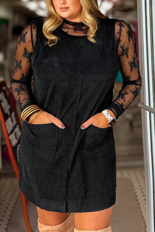 Plus Size Black  Corduroy Patch Pocket Sleeveless Mini Dress