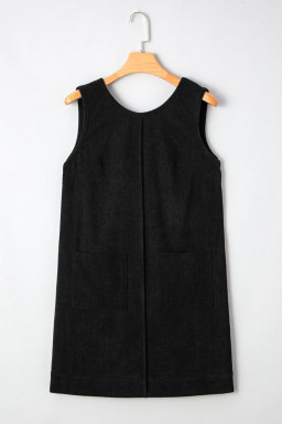Plus Size Black  Corduroy Patch Pocket Sleeveless Mini Dress