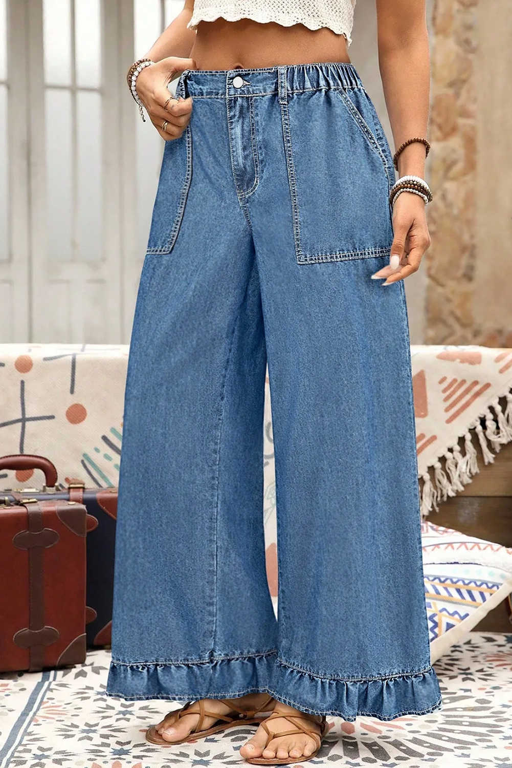 Plus Size Ashleigh Blue  Elastic Waist Ruffled Wide Leg Denim Pants