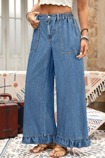 Plus Size Ashleigh Blue  Elastic Waist Ruffled Wide Leg Denim Pants
