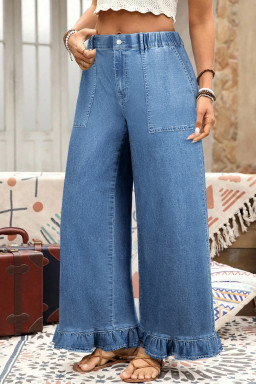 Plus Size Ashleigh Blue  Elastic Waist Ruffled Wide Leg Denim Pants
