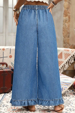 Plus Size Ashleigh Blue  Elastic Waist Ruffled Wide Leg Denim Pants