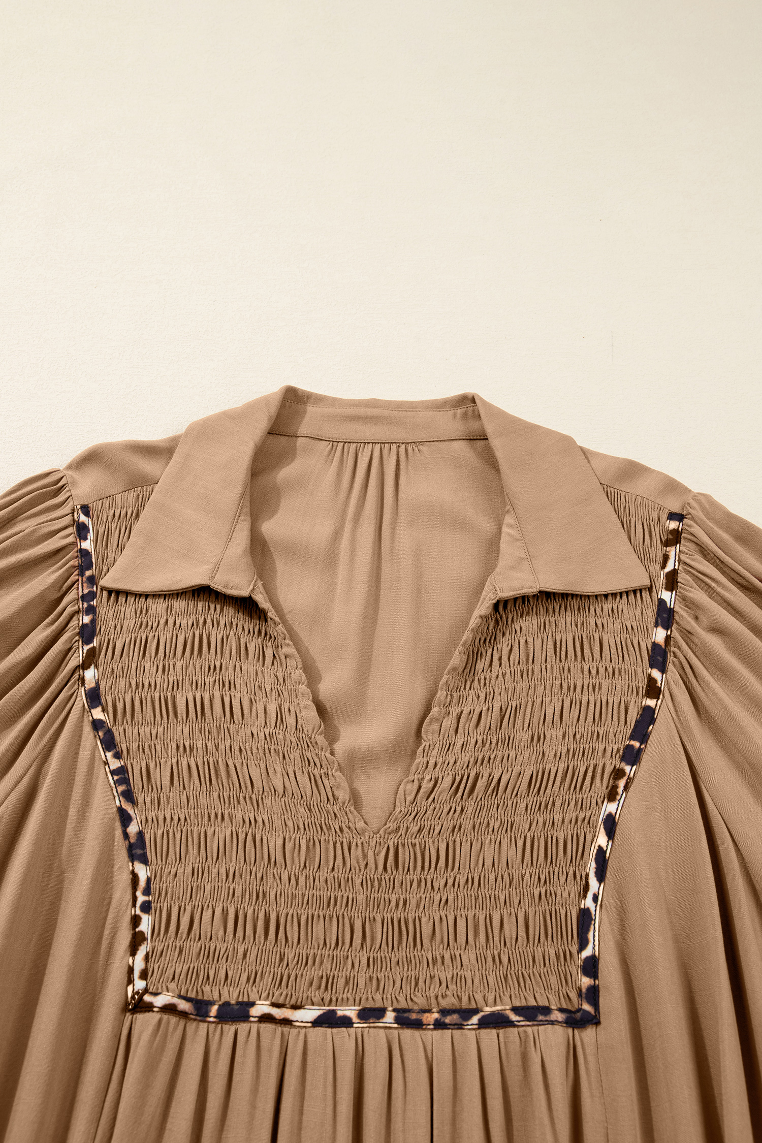 Plus Size Chestnut Smocked V Neckline Leopard Piping Accent Bracelet  Long Dress